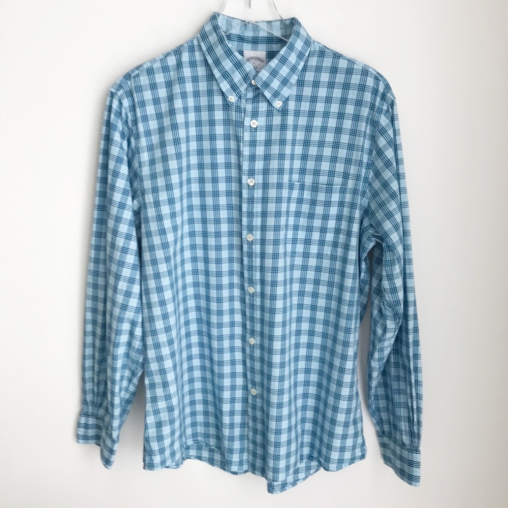 Brooks Brother's Men's Regent Size L Plaid Button Down Long Sleeve Shirt Blue